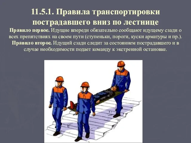 11.5.1. Правила транспортировки пострадавшего вниз по лестнице Правило первое. Идущие впереди