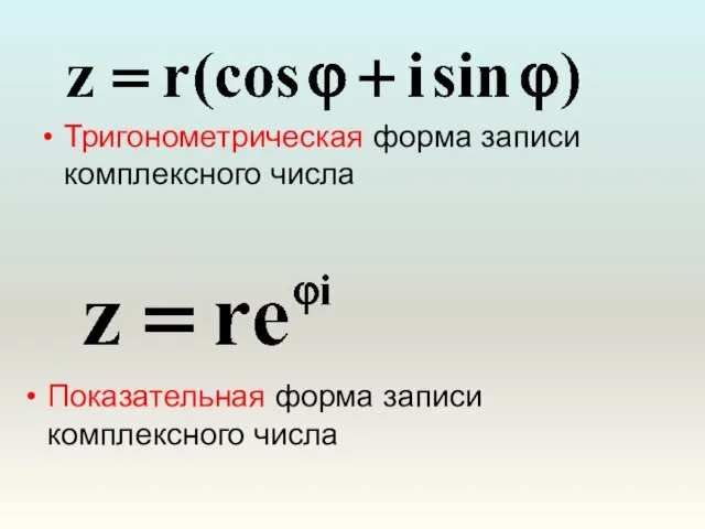 Тригонометрическая форма записи комплексного числа Показательная форма записи комплексного числа