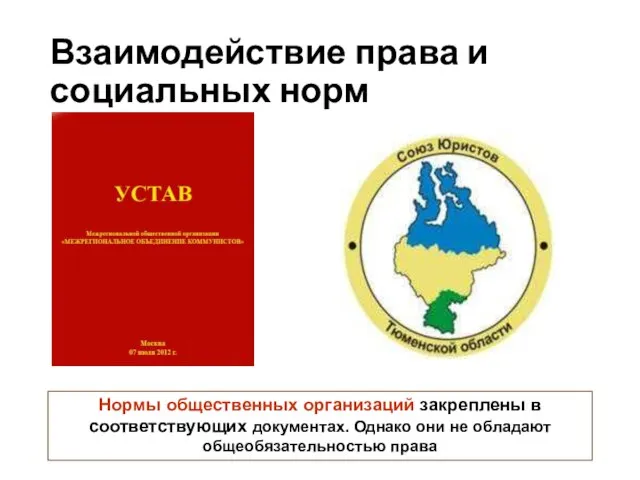 Взаимодействие права и социальных норм Нормы общественных организаций закреплены в соответствующих