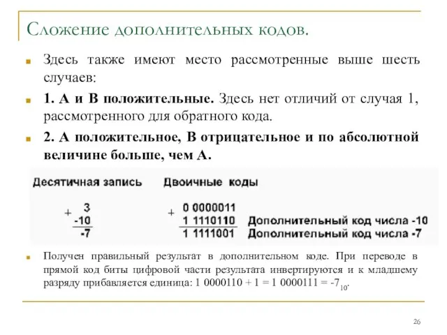 Сложение дополнительных кодов. Здесь также имеют место рассмотренные выше шесть случаев: