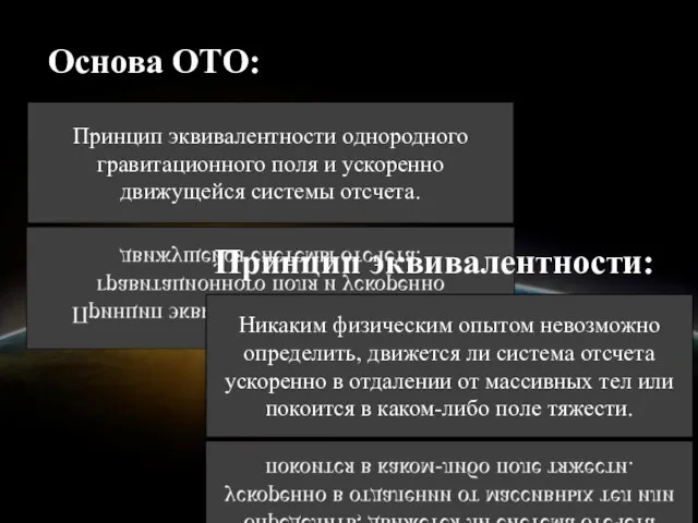 Основа ОТО: Принцип эквивалентности однород­ного гравитационного поля и ускоренно движущейся системы