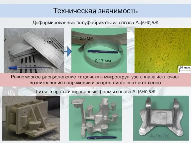 Техническая значимость Деформированные полуфабрикаты из сплава АЦ6Н0,5Ж Равномерное распределение «строчек» в