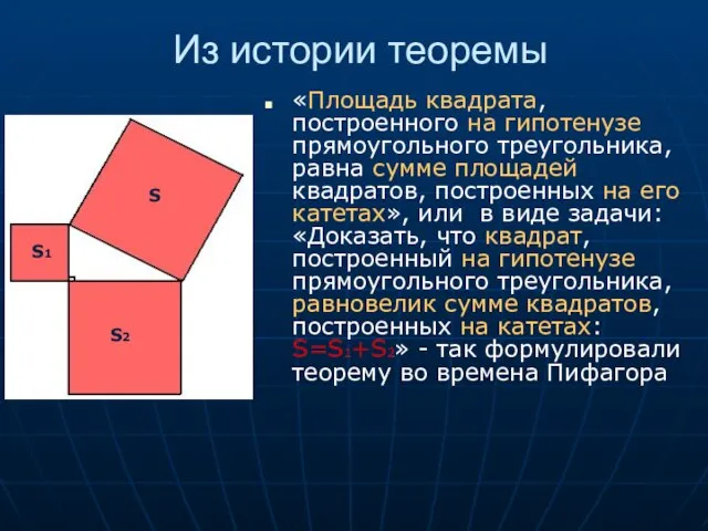 Из истории теоремы «Площадь квадрата, построенного на гипотенузе прямоугольного треугольника, равна