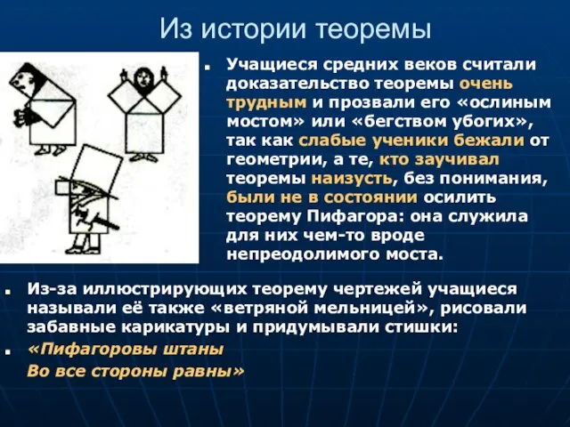 Из истории теоремы Учащиеся средних веков считали доказательство теоремы очень трудным