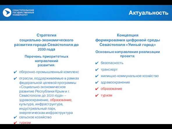 Концепция формирования цифровой среды Севастополя «Умный город» Основные направления реализации проекта: