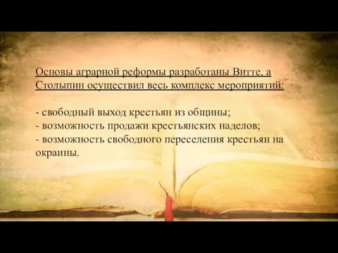 Основы аграрной реформы разработаны Витте, а Столыпин осуществил весь комплекс мероприятий: