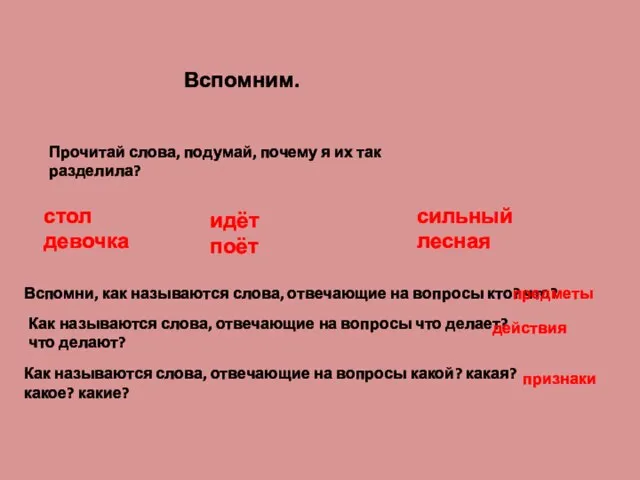 Вспомним. Прочитай слова, подумай, почему я их так разделила? стол девочка