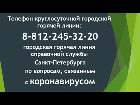 Телефон круглосуточной городской горячей линии: 8-812-245-32-20 городская горячая линия справочной службы