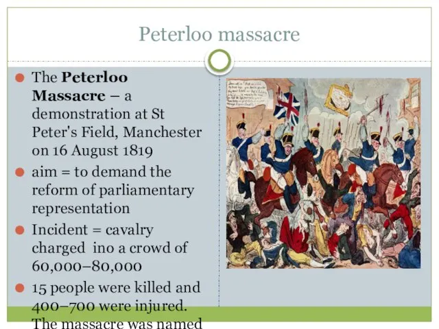 Peterloo massacre The Peterloo Massacre – a demonstration at St Peter's