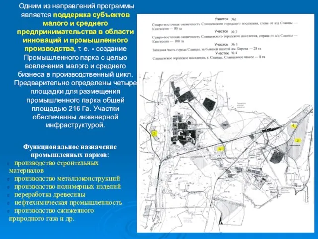 Функциональное назначение промышленных парков: производство строительных материалов производство металлоконструкций производство полимерных