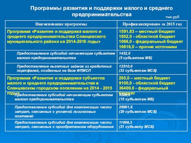 Программы развития и поддержки малого и среднего предпринимательства тыс.руб