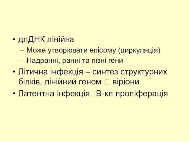 длДНК лінійна Може утворювати епісому (циркуляція) Надранні, ранні та пізні гени