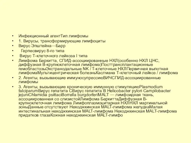 Инфекционный агентТип лимфомы 1. Вирусы, трансформирующие лимфоциты Вирус Эпштейна—Барр Герпесвирус 8-го