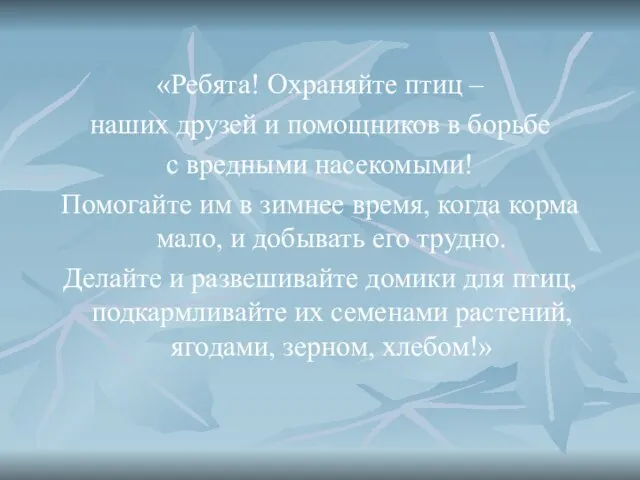 «Ребята! Охраняйте птиц – наших друзей и помощников в борьбе с