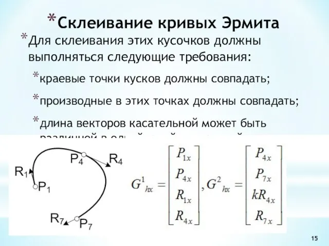 Склеивание кривых Эрмита Для склеивания этих кусочков должны выполняться следующие требования: