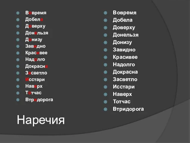 Наречия Вовремя Добела Доверху Донельзя Донизу Завидно Красивее Надолго Докрасна Засветло