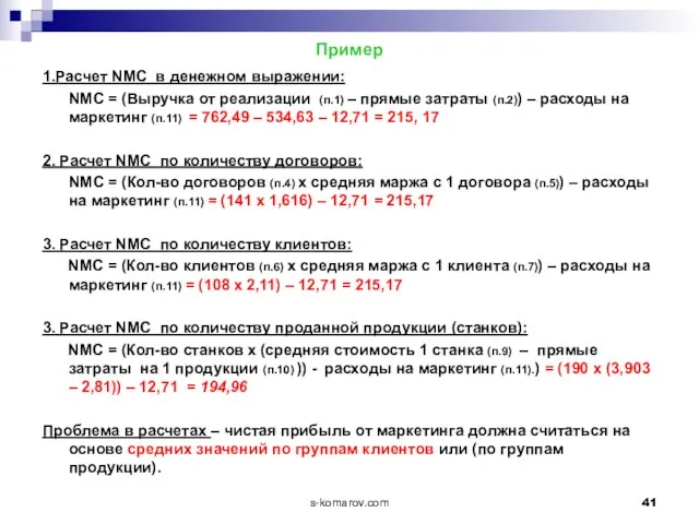 Пример 1.Расчет NMC в денежном выражении: NMC = (Выручка от реализации