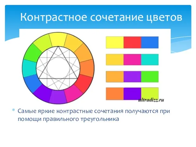 Контрастное сочетание цветов Самые яркие контрастные сочетания получаются при помощи правильного треугольника