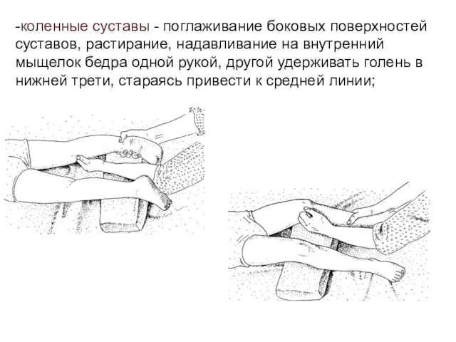 -коленные суставы - поглаживание боковых поверхностей суставов, растирание, надавливание на внутренний