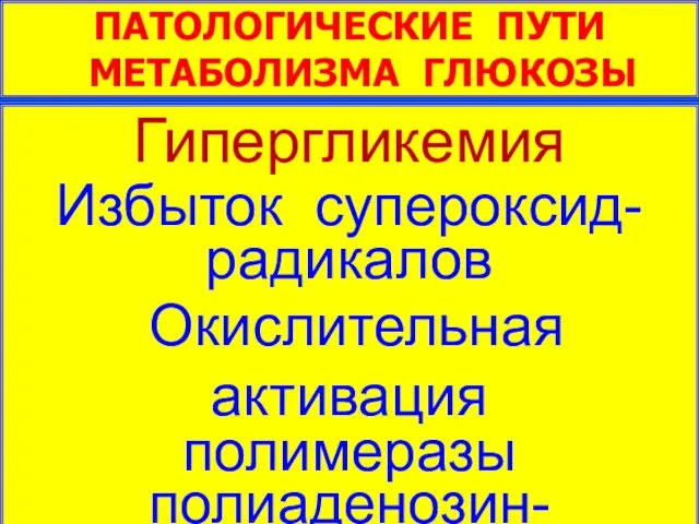 ПАТОЛОГИЧЕСКИЕ ПУТИ МЕТАБОЛИЗМА ГЛЮКОЗЫ Гипергликемия Избыток супероксид- радикалов Окислительная активация полимеразы полиаденозин-фосфатрибозы Ингибирование глицеральдегид-3-фосфатДГ