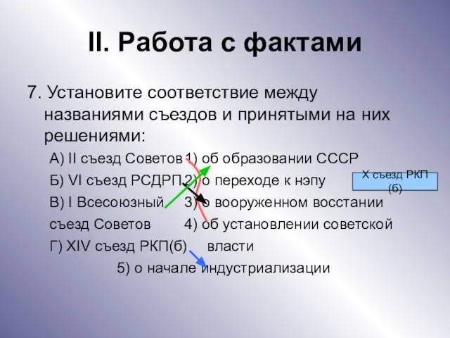 II. Работа с фактами 7. Установите соответствие между названиями съездов и