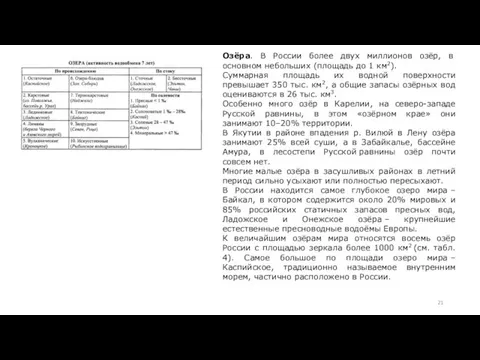 Озёра. В России более двух миллионов озёр, в основном небольших (площадь