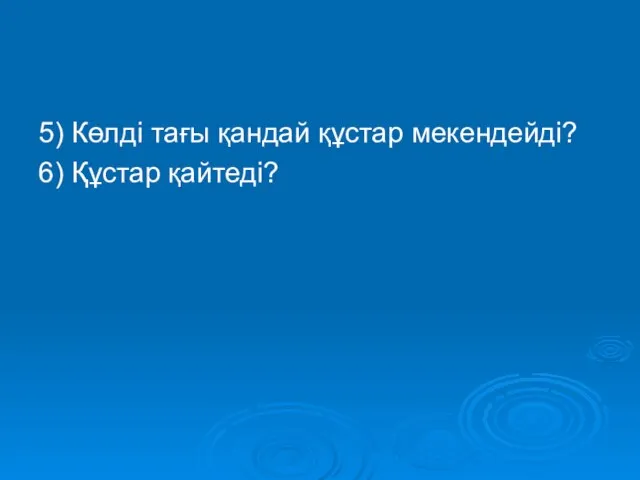 5) Көлді тағы қандай құстар мекендейді? 6) Құстар қайтеді?