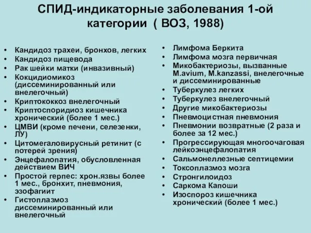 СПИД-индикаторные заболевания 1-ой категории ( ВОЗ, 1988) Кандидоз трахеи, бронхов, легких