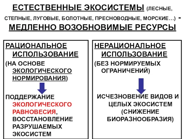 ЕСТЕСТВЕННЫЕ ЭКОСИСТЕМЫ (ЛЕСНЫЕ, СТЕПНЫЕ, ЛУГОВЫЕ, БОЛОТНЫЕ, ПРЕСНОВОДНЫЕ, МОРСКИЕ…) - МЕДЛЕННО ВОЗОБНОВИМЫЕ