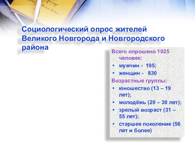 Социологический опрос жителей Великого Новгорода и Новгородского района Всего опрошено 1025