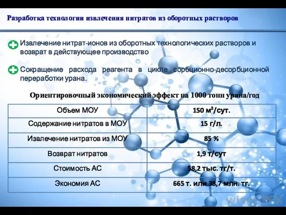 Разработка технологии извлечения нитратов из оборотных растворов Ориентировочный экономический эффект на