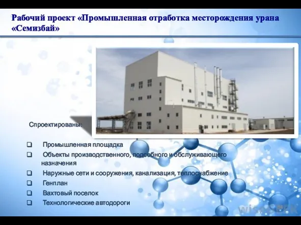 Рабочий проект «Промышленная отработка месторождения урана «Семизбай» Спроектированы: Промышленная площадка Объекты