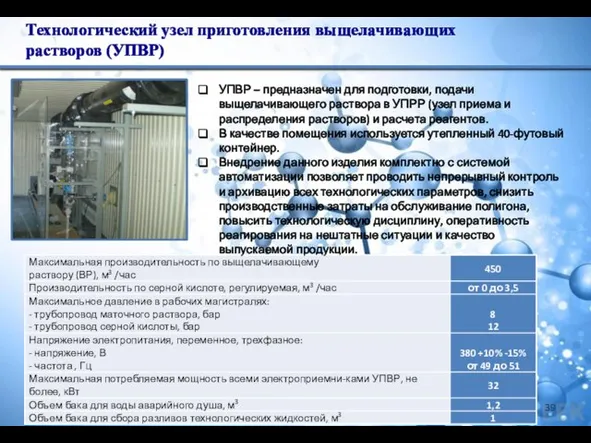 Технологический узел приготовления выщелачивающих растворов (УПВР) УПВР – предназначен для подготовки,