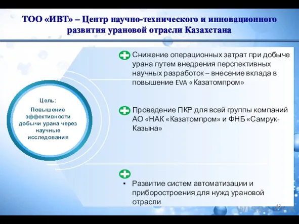 ТОО «ИВТ» – Центр научно-технического и инновационного развития урановой отрасли Казахстана