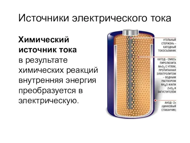 Источники электрического тока Химический источник тока в результате химических реакций внутренняя энергия преобразуется в электрическую.