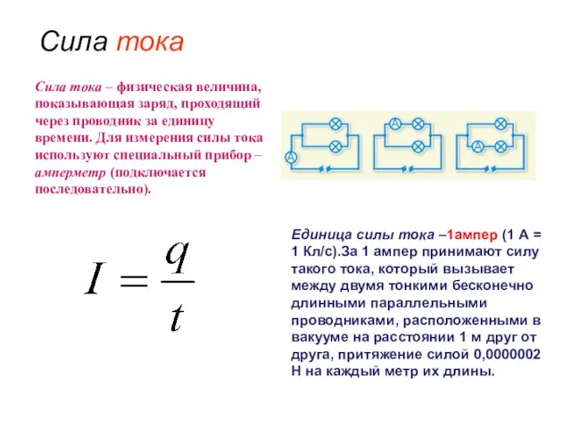 Сила тока – физическая величина, показывающая заряд, проходящий через проводник за