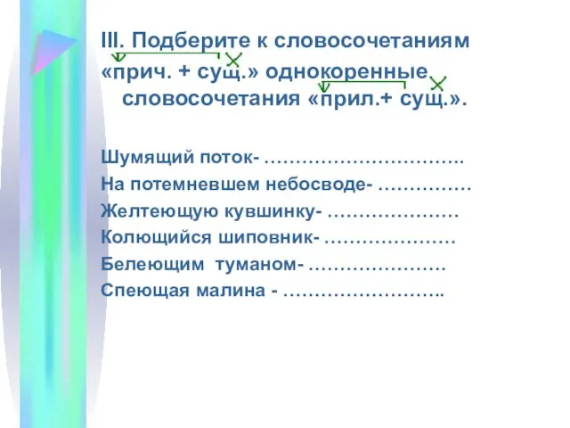 III. Подберите к словосочетаниям «прич. + сущ.» однокоренные словосочетания «прил.+ сущ.».