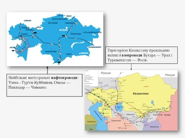 Найбільші магістральні нафтопроводи: Узень - Гур'єв-Куйбишев, Омськ — Павлодар — Чимкент.