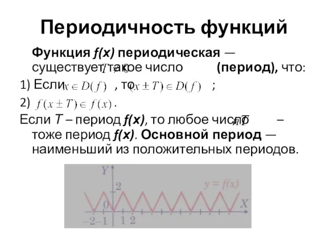 Периодичность функций Функция f(х) периодическая — существует такое число (период), что: