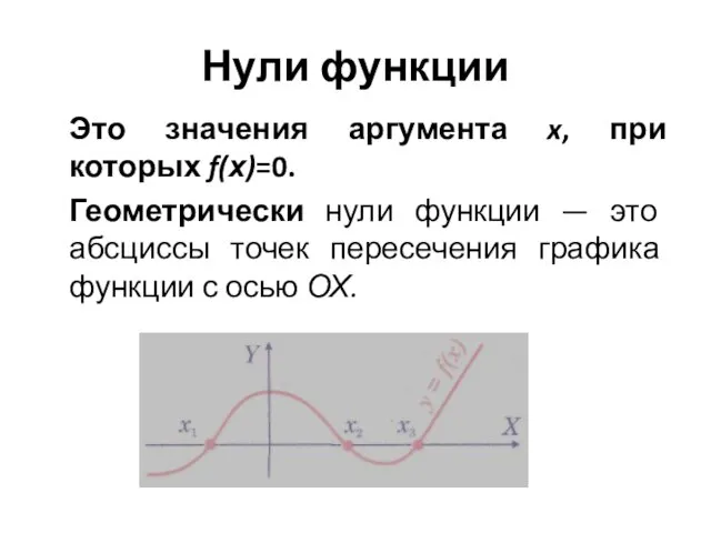 Нули функции Это значения аргумента x, при которых f(х)=0. Геометрически нули