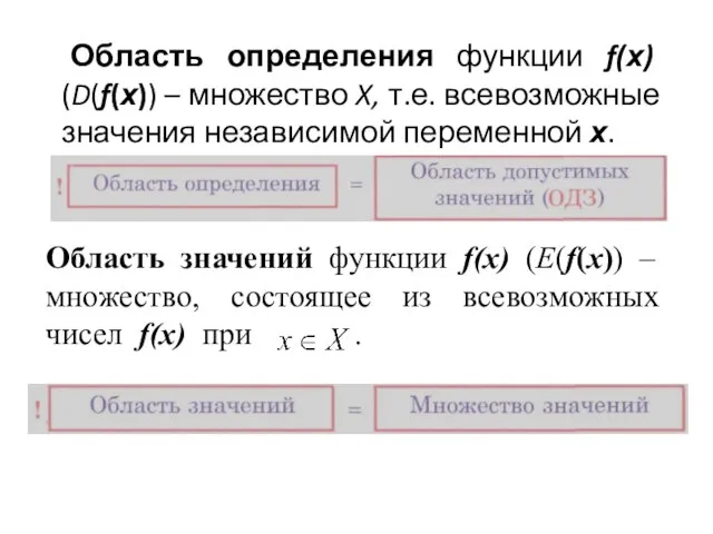 Область определения функции f(х) (D(f(х)) – множество X, т.е. всевозможные значения