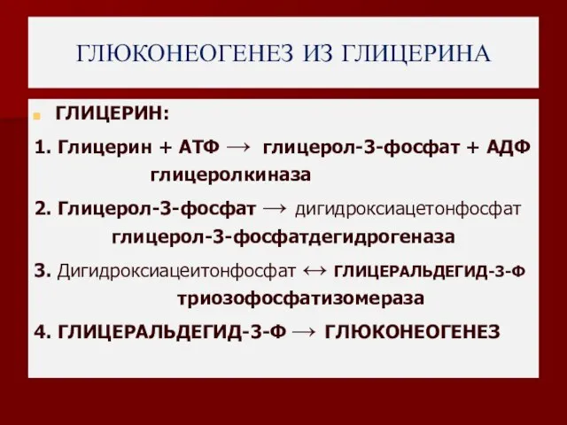 ГЛЮКОНЕОГЕНЕЗ ИЗ ГЛИЦЕРИНА ГЛИЦЕРИН: 1. Глицерин + АТФ → глицерол-3-фосфат +