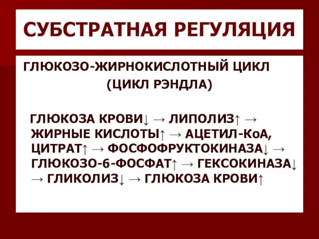 СУБСТРАТНАЯ РЕГУЛЯЦИЯ ГЛЮКОЗО-ЖИРНОКИСЛОТНЫЙ ЦИКЛ (ЦИКЛ РЭНДЛА) ГЛЮКОЗА КРОВИ↓ → ЛИПОЛИЗ↑ →