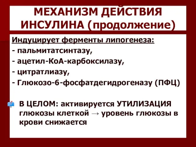 МЕХАНИЗМ ДЕЙСТВИЯ ИНСУЛИНА (продолжение) Индуцирует ферменты липогенеза: - пальмитатсинтазу, - ацетил-КоА-карбоксилазу,