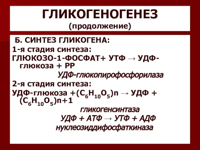 ГЛИКОГЕНОГЕНЕЗ (продолжение) Б. СИНТЕЗ ГЛИКОГЕНА: 1-я стадия синтеза: ГЛЮКОЗО-1-ФОСФАТ+ УТФ →