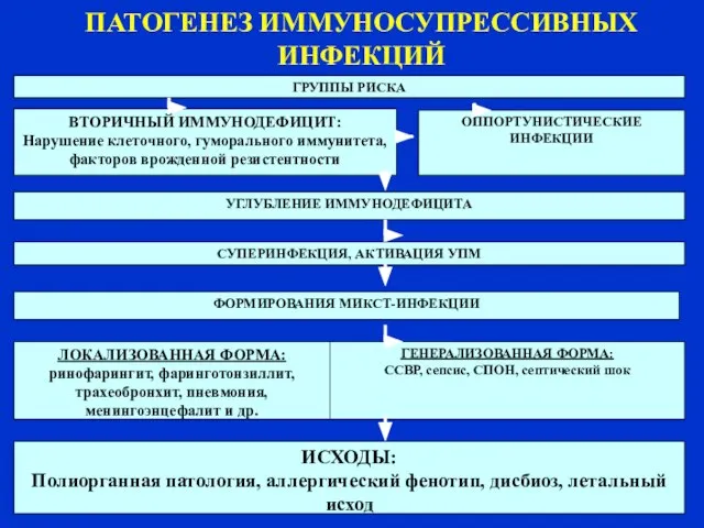 ПАТОГЕНЕЗ ИММУНОСУПРЕССИВНЫХ ИНФЕКЦИЙ ГРУППЫ РИСКА ВТОРИЧНЫЙ ИММУНОДЕФИЦИТ: Нарушение клеточного, гуморального иммунитета,