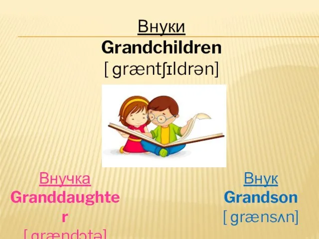 Внуки Grandchildren [ ɡræntʃɪldrən] Внучка Granddaughter [ ɡrændɔtə] Внук Grandson [ ɡrænsʌn]