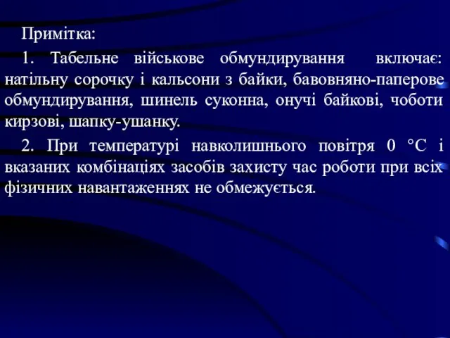 Примітка: 1. Табельне військове обмундирування включає: натільну сорочку і кальсони з