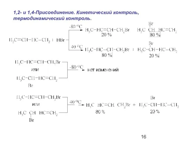 1,2- и 1,4-Присоединение. Кинетический контроль, термодинамический контроль.