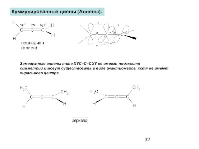 Куммулированные диены (Аллены). Замещенные аллены типа XYC=C=CXY не имеют плоскости симметрии